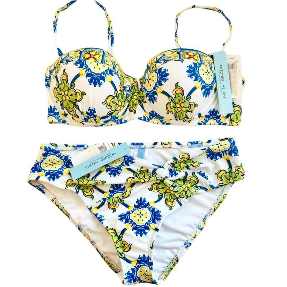 ANTONIO MELANI NWT Blue Tile Italian Floral Print 2 Piece Bra Bikini – Medium